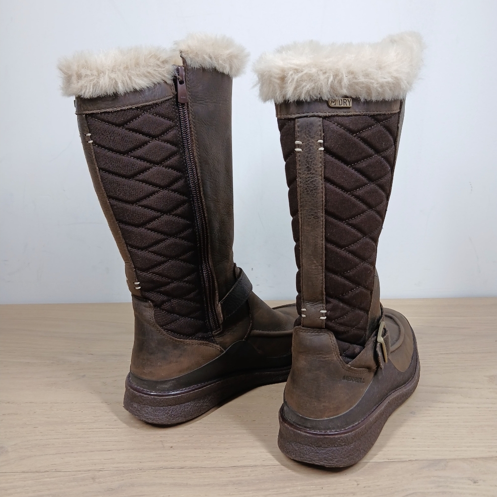 Merrell Boots Women 7.5 Brown Leather Tall Faux Fur Warm Winter Insulated 1293 - Picture 7 of 14